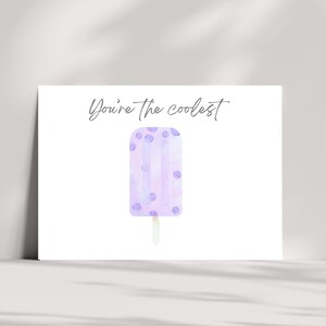 Biglietti da scaricare digitali, biglietto d'auguri a forma di ghiacciolo, biglietto d'auguri viola, biglietto d'auguri estivo, biglietto premuroso e simpatico per quella persona speciale