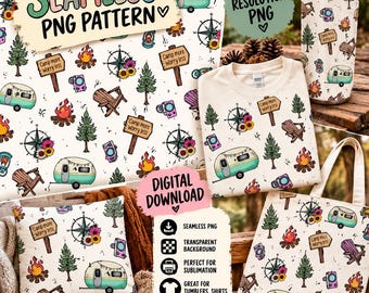 Puede incluir: Un patrón digital sin costuras con ilustraciones de camping que incluyen una caravana turquesa, una fogata, una brújula, pinos y un letrero de madera con el texto Camp more Worry less. El diseño se muestra en una camiseta, vaso y bolso.