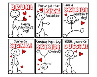 Printable Skibidi Kids Valentine Cards PNG PDF, Valentine's Day Tags, Vday Cards kids Classroom, Rizz Bruh Sigma Bussin cards