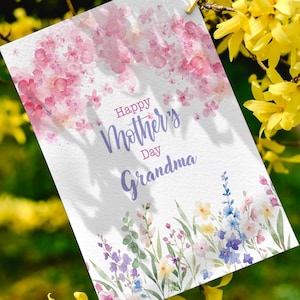 Cartão para o Dia das Mães para imprimir, modelo de cartão floral, cartão de feliz dia das mães para a avó, download instantâneo, cartão aquarela para a avó