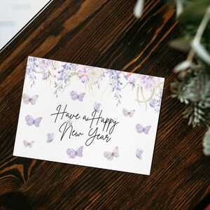 Frohes Neues Jahr Karte mit Lila Schmetterlingen und Blumen Neujahrskarte|Neujahrswünsche|Druckbare Neujahrskarte|Sofort Download