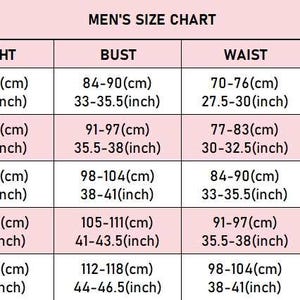 May include: A size chart table with a light pink background and black text. The table is titled SIZE CHART and lists measurements for height, bust, waist, and hip in both centimeters and inches for sizes XS, S, M, L, and XL, organized in rows.