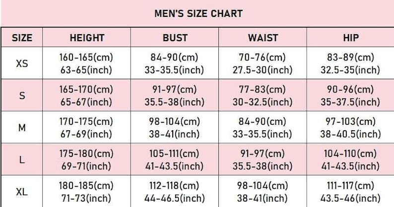 May include: A size chart table with a light pink background and black text. The table is titled SIZE CHART and lists measurements for height, bust, waist, and hip in both centimeters and inches for sizes XS, S, M, L, and XL, organized in rows.