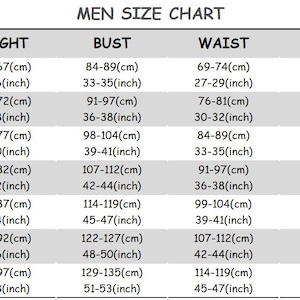 Puede incluir: Tabla de tallas para hombre con medidas en cent&iacute;metros y pulgadas. Incluye medidas de altura, pecho, cintura y cadera para tallas XS a 3XL. La tabla proporciona conversiones.