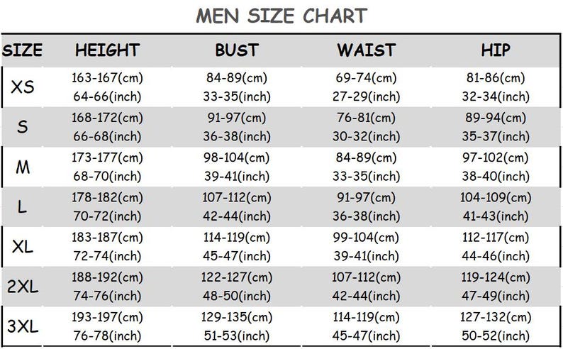 Puede incluir: Tabla de tallas para hombre con medidas en cent&iacute;metros y pulgadas. Incluye medidas de altura, pecho, cintura y cadera para tallas XS a 3XL. La tabla proporciona conversiones.