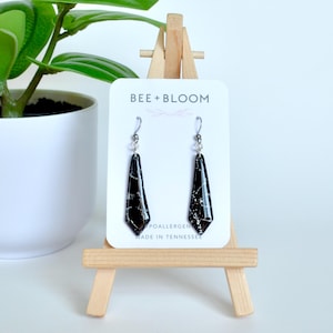 Black and Silver Geometric Dangle Earrings – Handmade Clay, Resin Coated, Lightweight Hypoallergenic Earrings, Modern Minimalist Jewelry