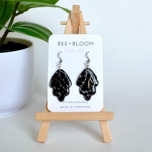 Black and Silver Leaf Earrings – Handmade Polymer Clay, Resin Coated, Lightweight Hypoallergenic Earrings, Modern Statement Jewelry for Her