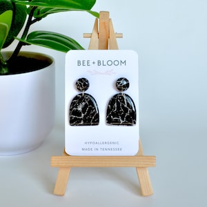 Black and Silver Marbled Arch Earrings – Handmade Polymer Clay with Resin Finish, Hypoallergenic Studs, Birthday Gift for Her, Gift for Mom
