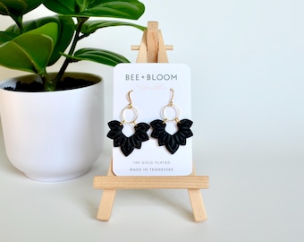 Handmade Black Clay Earrings – 18K Gold Plated Boho Leaf Jewelry