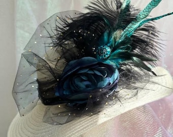 Victorian Hat with feathers in  Blue, Teal, Black