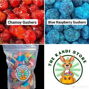 Puede incluir: Una variedad de caramelos coloridos, incluyendo Chamoy Gushers rojos y caramelos de frambuesa azul. También se muestra una bolsa transparente de caramelos variados con una pegatina de "The Kandi Store", junto con el logotipo de la tienda con un canguro.