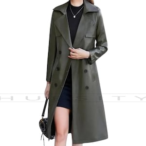 Women&#39;s Olive Green Trench Coat  Double-Breasted Genuine Leather Long Jacket  Elegant Lightweight Overcoat for Fall and Winter Streetwear