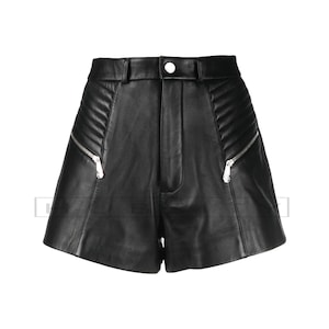 Women&#39;s Black Leather Shorts High Waisted Biker Style with Zipper Pockets Quilted Detailing Edgy Hot Pants for Streetwear & Rock Chic Looks