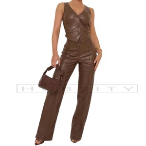 Women Brown Leather Two-Piece Set High-Waisted Leather Pants and Button-Up Vest Top Trendy Leather Outfit for Streetwear Clubwear Party