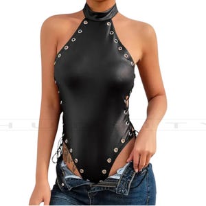 Black Genuine Leather Halter Bodysuit with Lace-Up Sides, Eyelet Details, Backless Design Sexy One Piece for Clubwear or Festival Outfits