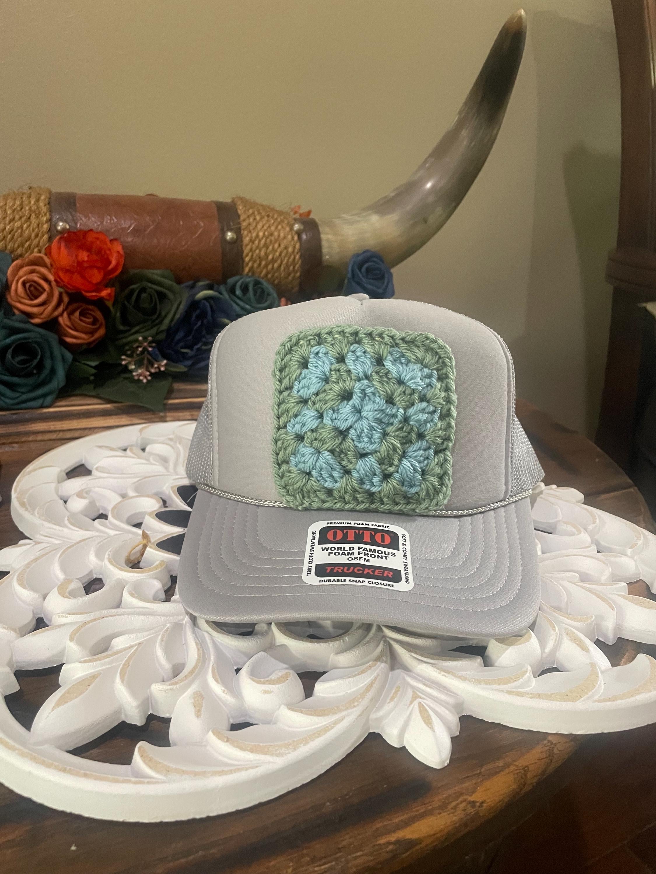 Granny Square Trucker Hat - Hand Crocheted Light Gray NEW Granny Square Trucker Hat | Oikos Handmade main image 4