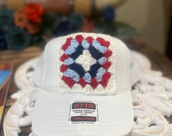 Pink Granny Square Crochet Otto Trucker Hat Cap by  display picture 2