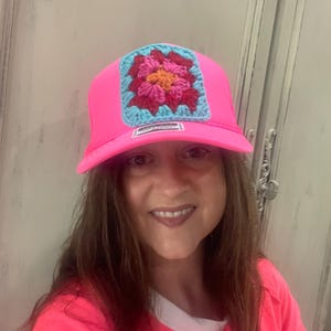 DIY Granny Square Crochet Patch Pink Trucker Hat OTTO Snapback Boho Festival Pink Granny Square Crochet Otto Trucker Hat Cap by  main image 2