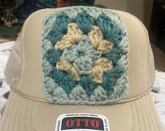 Light Gray Granny Square Crochet Otto Trucker Hat Cap With 