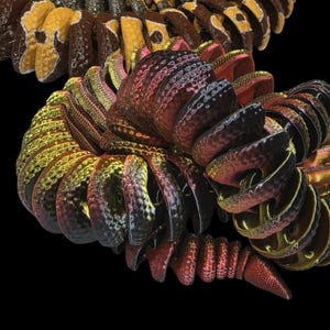 May include: Abstract digital art piece featuring a complex, spiraling form. The artwork showcases a blend of colors, including gold, red, and brown, with intricate details and textures. The design is set against a stark black background.