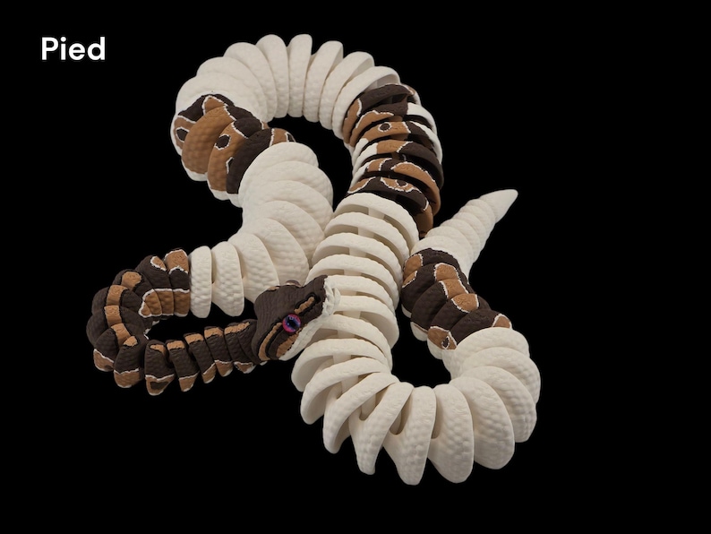 May include: A coiled, decorative snake sculpture with a segmented body. The snake features alternating sections of white and brown with a textured pattern. The head is brown with purple eyes. The word "Pied" is in the upper left corner.