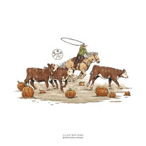 Puede incluir: Una ilustración digital que muestra a un jinete sobre un caballo claro lanzando un lazo sobre tres vacas marrones y blancas en un campo con calabazas naranjas. Un logotipo circular con las letras SBD es visible sobre el jinete.