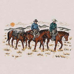 Two Cowboys Leading a Horse – Western Horses Country Cowboy Retro Vintage T-Shirt Design Graphic Transparent PNG & SVG Digital Download