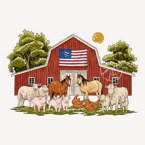 May include: A digital illustration of a red barn with an American flag, surrounded by farm animals. The animals include sheep, pigs, chickens, horses, and cows, all standing on green grass. A yellow sun is in the background.
