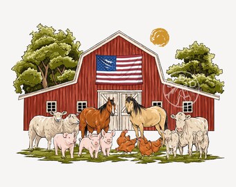 May include: A digital illustration of a red barn with an American flag, surrounded by farm animals. The animals include sheep, pigs, chickens, horses, and cows, all standing on green grass. A yellow sun is in the background.