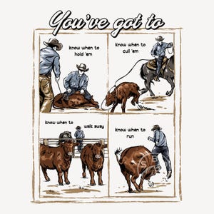 May include: An illustrated graphic with the text "You've got to" above four panels. Each panel shows a cowboy and a cow, with phrases such as "know when to hold 'em" and "know when to run". The style is reminiscent of a vintage poster.