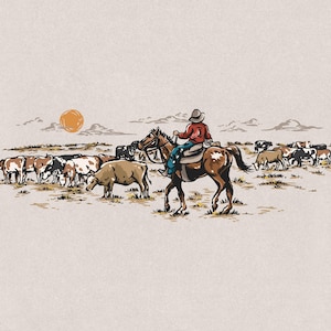 Cowboys Herding Cattle – Western Running Horses Country Cowboy Retro Vintage T-Shirt Design Graphic Transparent PNG & SVG Digital Download
