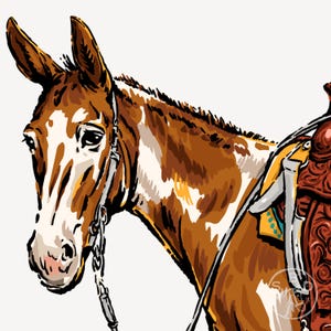 May include: Illustration of a brown and white mule with a saddle. The mule's head is turned slightly to the left, showing its face and part of its neck. The saddle is brown with yellow and blue accents.