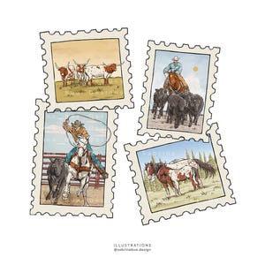 Op de afbeelding: Vier postzegelillustraties met westernthema's. Eén toont longhorn-runderen, een andere een ruiter met zwarte runderen, een derde een ruiter die een kalf vangt met een lasso, en de vierde twee gevlekte paarden. De tekst Sabrina Bua Designs is zichtbaar.