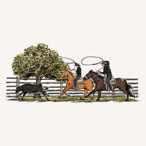 Peut inclure: Illustration de deux cavaliers à cheval attrapant un veau avec un lasso. Les cavaliers portent des vestes et des chapeaux noirs, sur des chevaux bruns et fauves. Un veau noir court devant eux, près d'une clôture en bois et d'un grand arbre.
