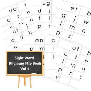 以下が含まれることがあります： イーゼルに「Sight Word Rhyming Flip Book Vol 1」という文字が書かれた黒板。文字のグリッドが書かれた紙が4枚ある。