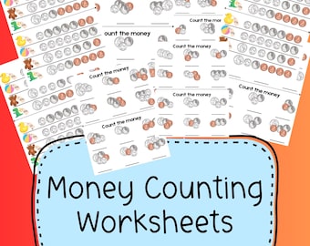 May include: A collection of money counting worksheets with various coin combinations. Each worksheet features rows of coins and a space to write the total. The worksheets are designed for educational purposes and are labeled "Count the money". The image also includes the text "Money Counting Worksheets".