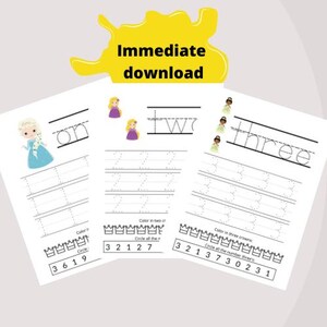 May include: A printable worksheet for kids to practice writing the numbers one, two, and three. The worksheet features a princess theme with illustrations of princesses and crowns. The numbers are written in dotted lines for tracing.