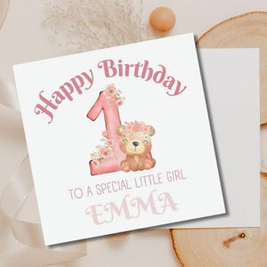 Carte 1er anniversaire rose animal ours pour fille, carte 1er anniversaire fille, cadeau spécial premier anniversaire, carte premier anniversaire, 1er anniversaire nièce