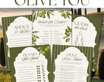 Può includere: Un set di modelli per giochi da addio al nubilato a tema olive. Le carte includono titoli come Advice & Wishes, Would She Rather, Guess the Dress, He Said She Said e Olive Love Match, decorate con illustrazioni di rami di ulivo verdi.