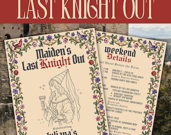 Last Knight Out Bachelorette Itinerary Template Printable 5x7, Medieval Bach Weekend, Editable Canva Welcome Bag Insert Card