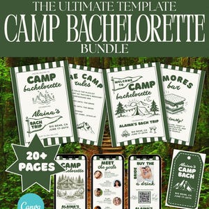 Camp Bachelorette Ultimate Template Bundle | Editable Canva Bach Weekend Kit | Invite, Itinerary, Welcome Sign, Buy the Bride a Drink