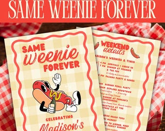 Same Weenie Forever Printable Bachelorette Itinerary Template, 5x7 Hot Dog Bach Customizable Welcome Bag Insert, Editable Canva