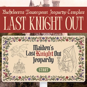 Könnte beinhalten: Ein Schild für eine Bachelorette PowerPoint Jeopardy Vorlage mit dem Text "LAST KNIGHT OUT" in einem burgunderfarbenen Banner. Das Schild zeigt ein mittelalterliches Thema mit Illustrationen eines Drachen, einer Burg und einer Jungfrau. Das Schild lautet "Maiden's Last Knight Out Jeopardy" mit einer "START"-Taste.