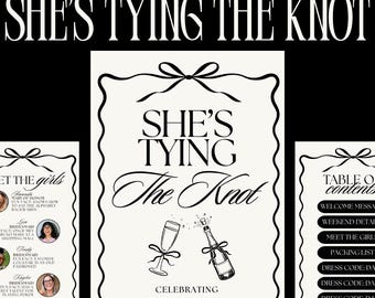 Può includere: Un modello di itinerario per addio al nubilato in bianco e nero. Il testo "SHE'S TYING THE KNOT" è in alto. Il design centrale presenta "SHE'S TYING The Knot" con calici di champagne e una bottiglia. Include "Celebrating Alaina's Bachelorette".