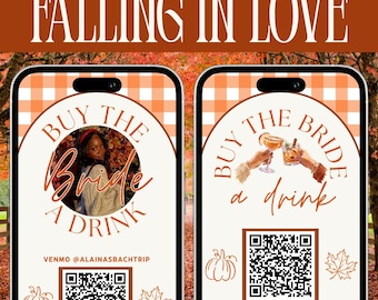 Può includere: Due modelli digitali di storie Instagram per un addio al nubilato con un motivo a quadri arancione e bianco, un codice QR per Venmo e il testo Buy the Bride a Drink, Celebrating Alaina's Bachelorette e Alaina's Bachelorette.