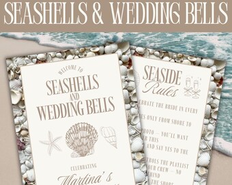 May include: Bachelorette welcome signs template with the text "SEASHELLS & WEDDING BELLS". The signs feature seashell and starfish illustrations, with the text "Welcome to Seashells and Wedding Bells" and "Seaside Rules". The signs are for Martina's Bachelorette.