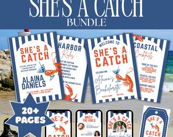 May include: A digital template bundle titled "She's a Catch" with a nautical theme. The design includes invitations, phone screens, and tags with lobster and cocktail graphics. The color scheme is blue, white, and red, with text that reads "Alaina's Bachelorette".