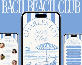 Può includere: Un modello digitale di itinerario per addio al nubilato su tre smartphone. Il telefono principale mostra una scena sulla spiaggia con una sedia a sdraio e un ombrellone. Gli altri telefoni mostrano "Meet the Girls" e "Table of Contents". Il testo include "Bach Beach Club".