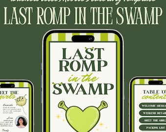Last Romp in the Swamp Bachelorette Itinerary Template, Shrek Inspired Bach Weekend, Funny Fairytale Bachelorette Canva Template