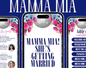 Plantilla de itinerario de despedida de soltera "Mamma Mia", guía móvil de fin de semana de despedida de soltera, fiesta ABBA en islas griegas (Canva, editable y personalizable)